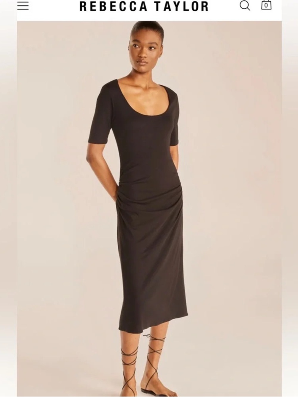 Rebecca Taylor Black Scoop-Neck Midi Dress with Side Ruching